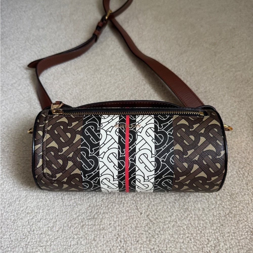 BURBERRY BROWN/WHITE ‘TB’ EMBOSSED LEATHER BARREL BAG WITH STRAP